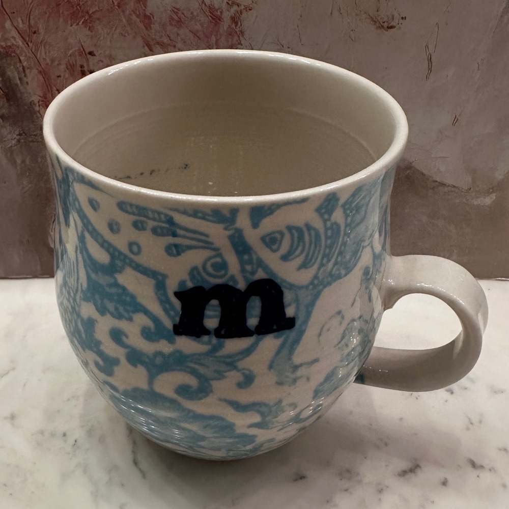Anthropologie Monogram Initial M Coffee Mug Blue White Floral Bird Toile Cup